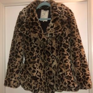 Guess Leopard Print Faux Fur Coat Size: M